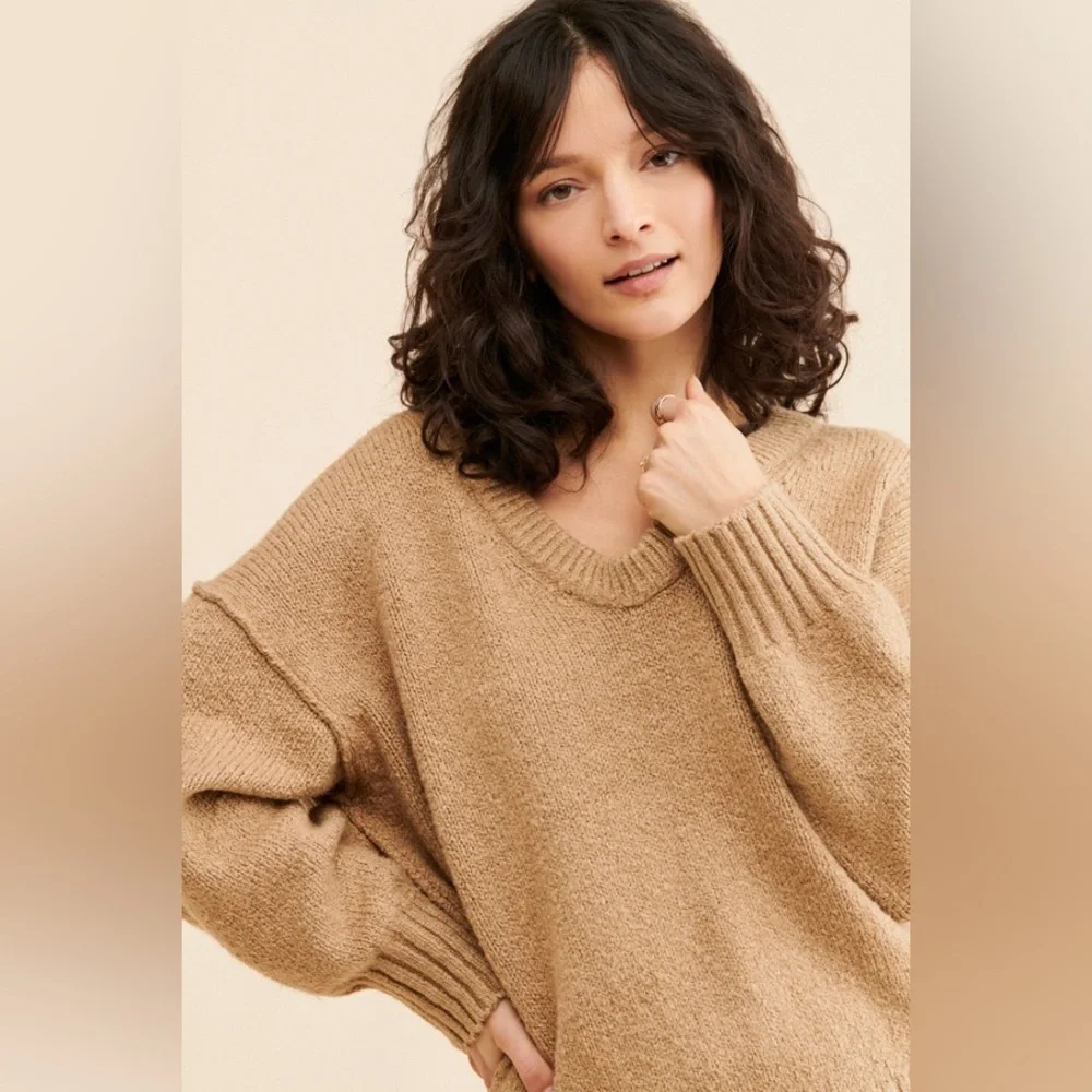 Free People Brookside Tunic Sweater Camel Tan Knit Oversized Sweater